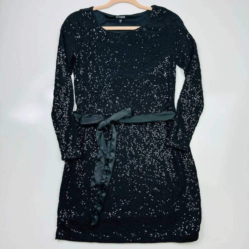 Express Long Sleeve Sequin Mini Dress with Removable Satin Sash Size XS